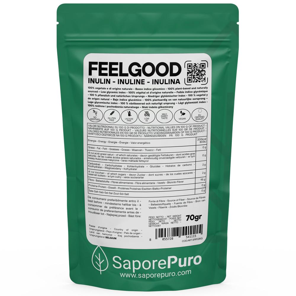 Inulina FeelGood BIG di SaporePuro, fibra solubile prebiotica per cucina e forno, immagine di lecitina di girasole da 70g.